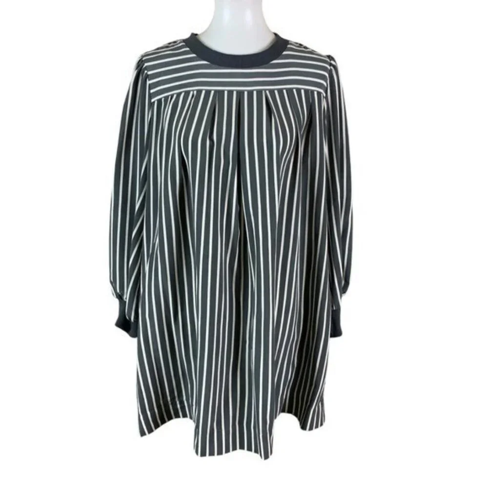 LDT Striped Balloon Sleeve Tunic‎ Dress Gray White Modest Chic Oversized 12